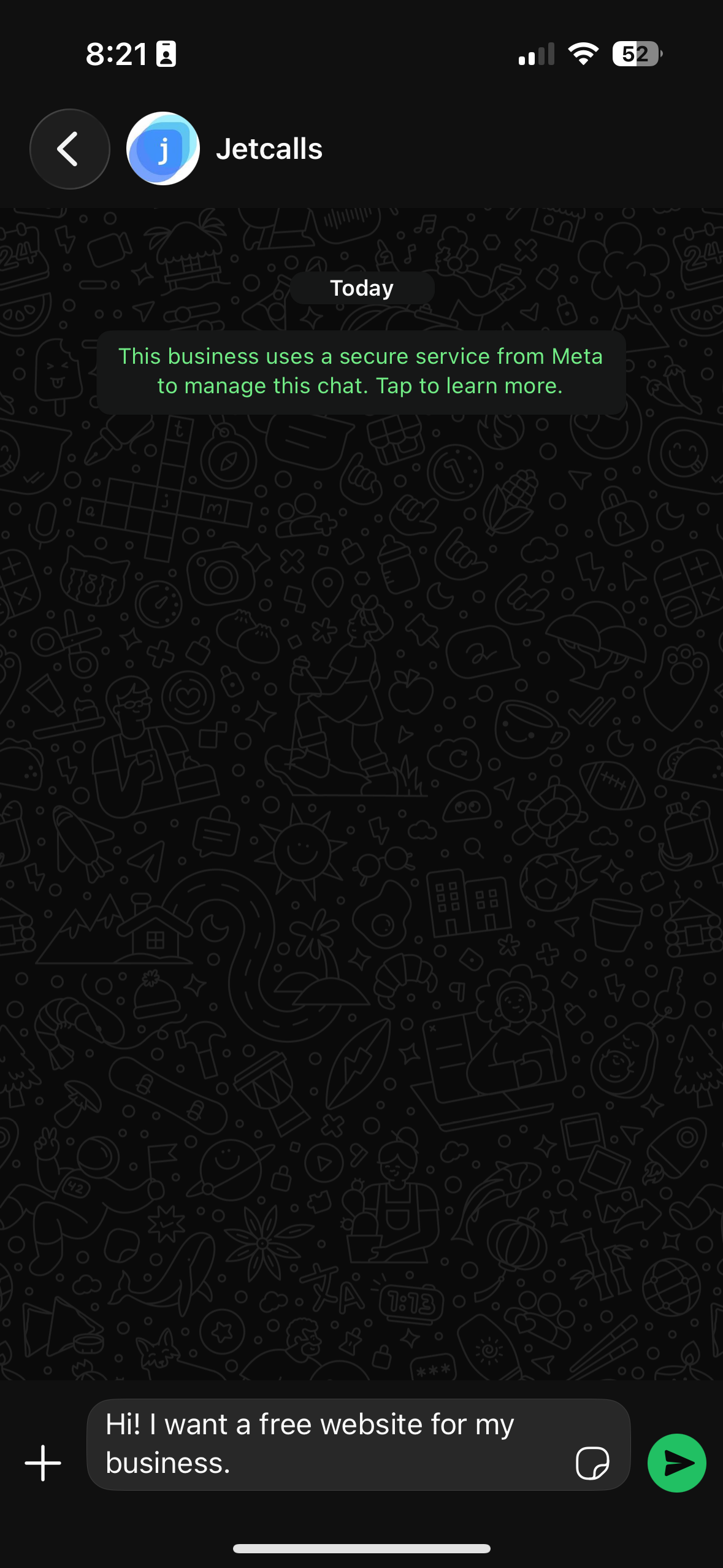 WhatsApp header showing the Jetcalls bot name and logo